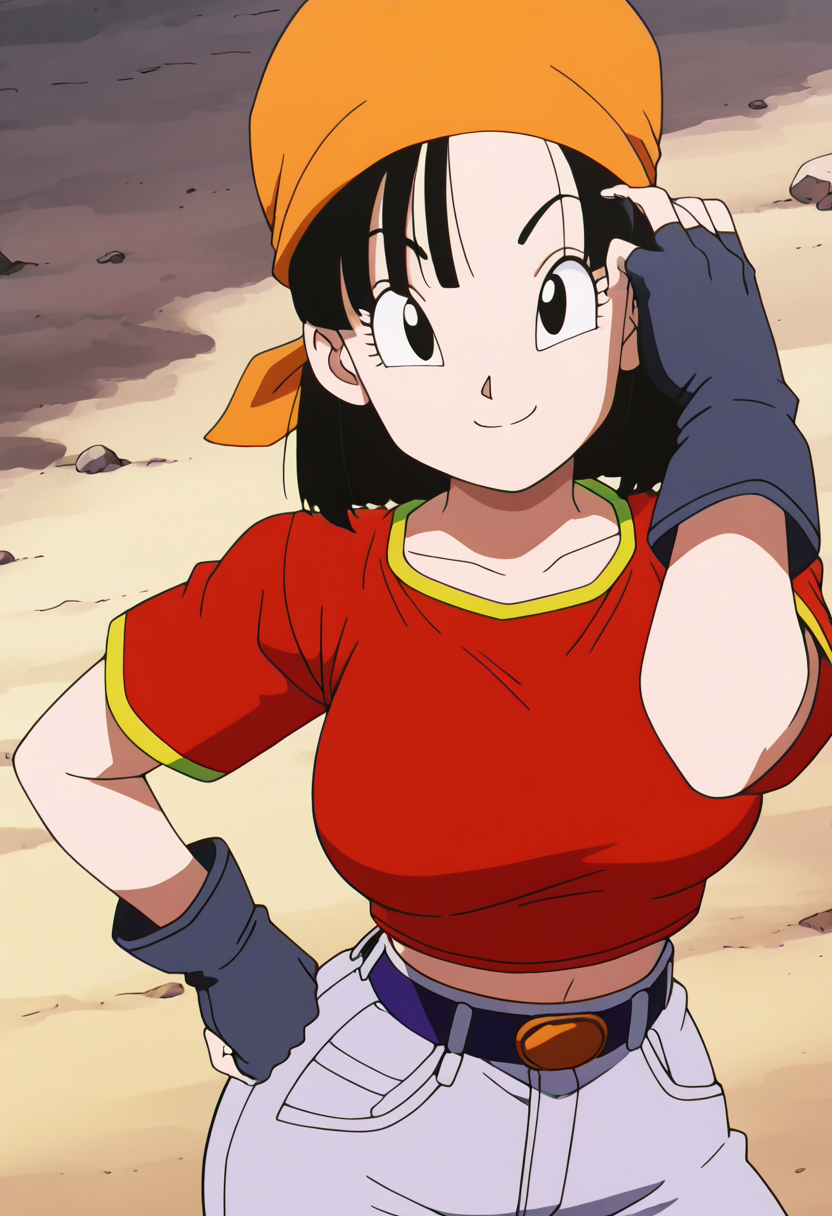 masterpiece, best quality, solo, curvy, beautiful eyes, aged up, large breasts, narrow waist, wide hips, 1girl, solo, smile, looking at viewer, foreshortening, close up,    zzPan, black hair, short hair,  bandana, fingerless gloves, red shirt, denim jeans,   ,<lora:PanDBGT_IXL:1.0>,from above, dynamic pose, cowboy shot, smile, looking at viewer, shiny skin,