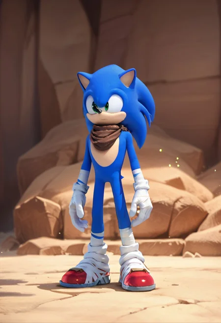 score_9, score_8_up, score_7_up, score_6_up, highly detailed,Good Colors, Good Shading, Good Eyes, Contrast Shading, male focus, 1boy, alone, Sonic, furry male, blue fur, green eyes, brown scarf, white gloves, red shoes, white bandages