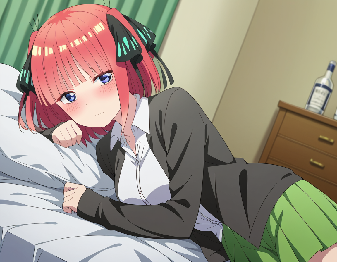 score_9, score_8_up, score_7_up, source_anime,
ninonakano, <lora:nino-nakano-s2-ponyxl-lora-nochekaiser:1>, 
nino nakano, short hair, bangs, blue eyes, hair ornament, hair ribbon, pink hair, blunt bangs, two side up, butterfly hair ornament, mature female,
skirt, shirt, long sleeves, white shirt, pleated skirt, open clothes, collared shirt, sleeves past wrists, dress shirt, cardigan, green skirt, open cardigan, black cardigan,
indoors, bed, bed room, on side, blush, drunk,
looking at viewer, cowboy shot, dutch angle, solo,