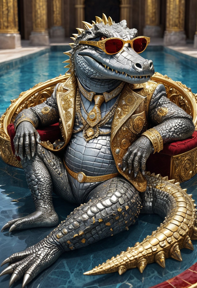 Divine Crocodile with extraordinary details relaxing in the pool in a relaxed style while wearing glasses, Golden and silver in color, Diamond and Onyx eyes, a crimson tinge to the golden color, Hyperdetailed, Omnipresent, Beautiful, Sinister overtones, A clash of Good and Evil in the background promoting Golden silver and Crimson Blacks, full body, otherworldly,