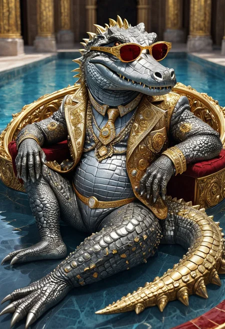 Divine Crocodile with extraordinary details relaxing in the pool in a relaxed style while wearing glasses, Golden and silver in color, Diamond and Onyx eyes, a crimson tinge to the golden color, Hyperdetailed, Omnipresent, Beautiful, Sinister overtones, A clash of Good and Evil in the background promoting Golden silver and Crimson Blacks, full body, otherworldly,