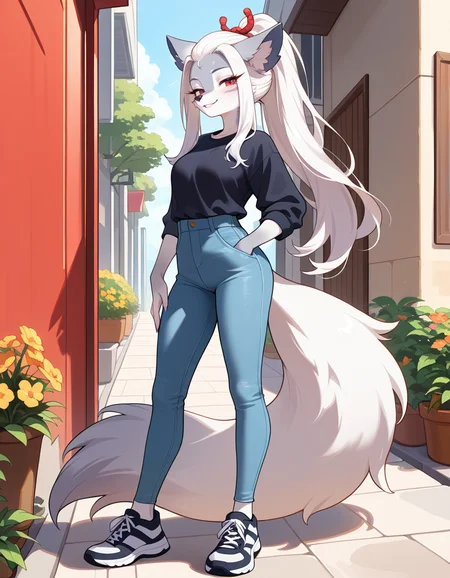 masterpiece, best quality, very aesthetic, absurdres,
outdoors, casual,
full body, posing,
seductive smile, parted lips, long eyelashes,
<lora:Hakuro_v01_NAIXL:1>
H4kur0,1girl,solo,furry,furry female,wolf girl,white hair,long sidelocks,bangs pinned back,ponytail,red eyes,snout,animal nose,body fur,two-tone fur,grey fur,white fur,wolf tail,