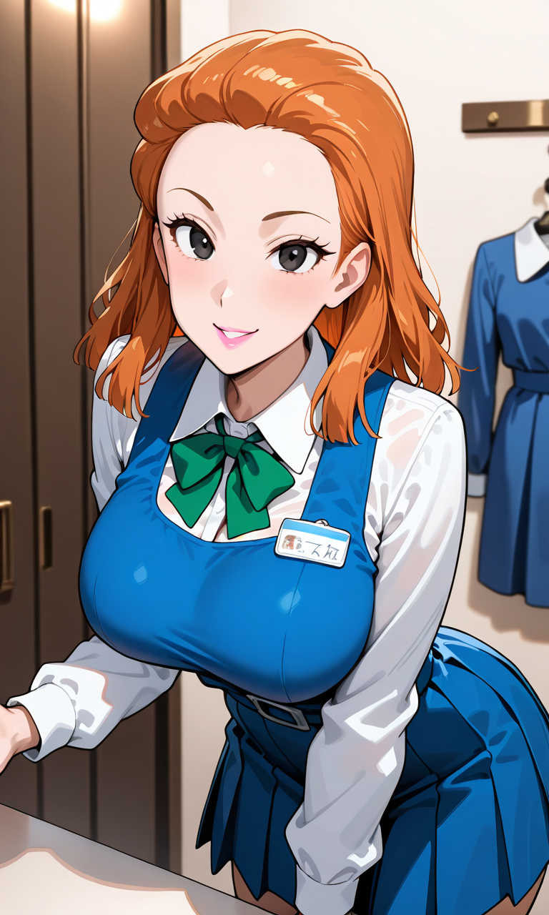 (masterpiece, best quality, ultra-detailed, very aesthetic), questionable, newest, 1girl, looking at viewer, (cowboy shot:1.3),indoor, smile, department store, <lora:koshitani-junko:0.9> (koshitani-junko), (black eyes, orange hair, medium hair, hair slicked back, forehead, pink lips), (blue dress, pinafore dress, white collared shirt, long sleeves, green bowtie, name tag), (large breasts), pleated skirt,
