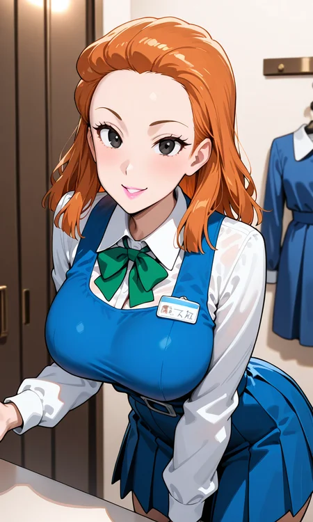 (masterpiece, best quality, ultra-detailed, very aesthetic), questionable, newest, 1girl, looking at viewer, (cowboy shot:1.3),indoor, smile, department store, <lora:koshitani-junko:0.9> (koshitani-junko), (black eyes, orange hair, medium hair, hair slicked back, forehead, pink lips), (blue dress, pinafore dress, white collared shirt, long sleeves, green bowtie, name tag), (large breasts), pleated skirt,