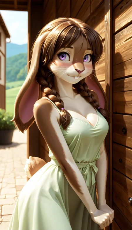 masterpiece, best quality, amazing quality, very aesthetic, high resolution, ultra-detailed, absurdres, newest, scenery, furry, anthro, {Prompt}, BREAK, detailed background, detailed hair, depth of field, detailed fluffy fur, photorealistic details, Moonlit Woman,HDeyes,
BREAK
N1c013,1girl,solo,furry,furry female,rabbit girl,brown hair,long braided hair,rabbit ears,purple eyes,snout,animal nose,whiskers,buck teeth,body fur,two tone fur,brown fur,grey fur,rabbit tail,
BREAK
farm, light green dress, seductive look, medium breasts, cleavage, eyes half open, looking at veiwer, mouth closed, blushing ,giving veiwer hug