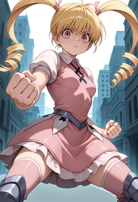 1girl, solo, pink eyes, blonde hair, long hair, twin drills, hair ribbon, pink ribbon, looking at viewer, hunter x hunter, small breasts,
unamused, looking at viewer, fighting stance, clenched hands, armored dress, armored thigh highs, outdoors, city street
,masterpiece,best quality,amazing quality,
<lora:bisky_meipaws:.9>