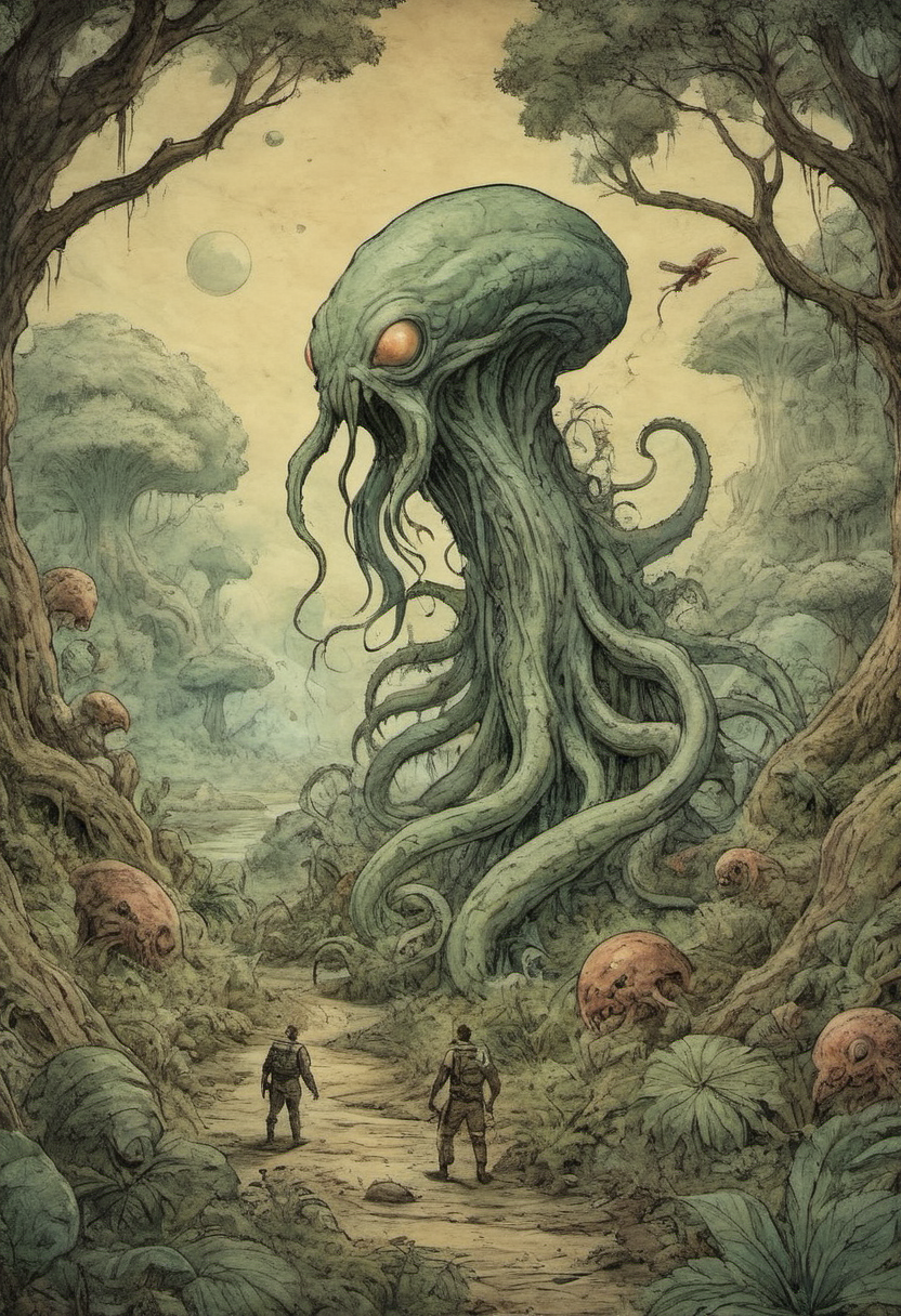 on parchment sci-fi alien planet with monstrous wild creatures tentacles chasing explorers through a lush forest of bizarre plants