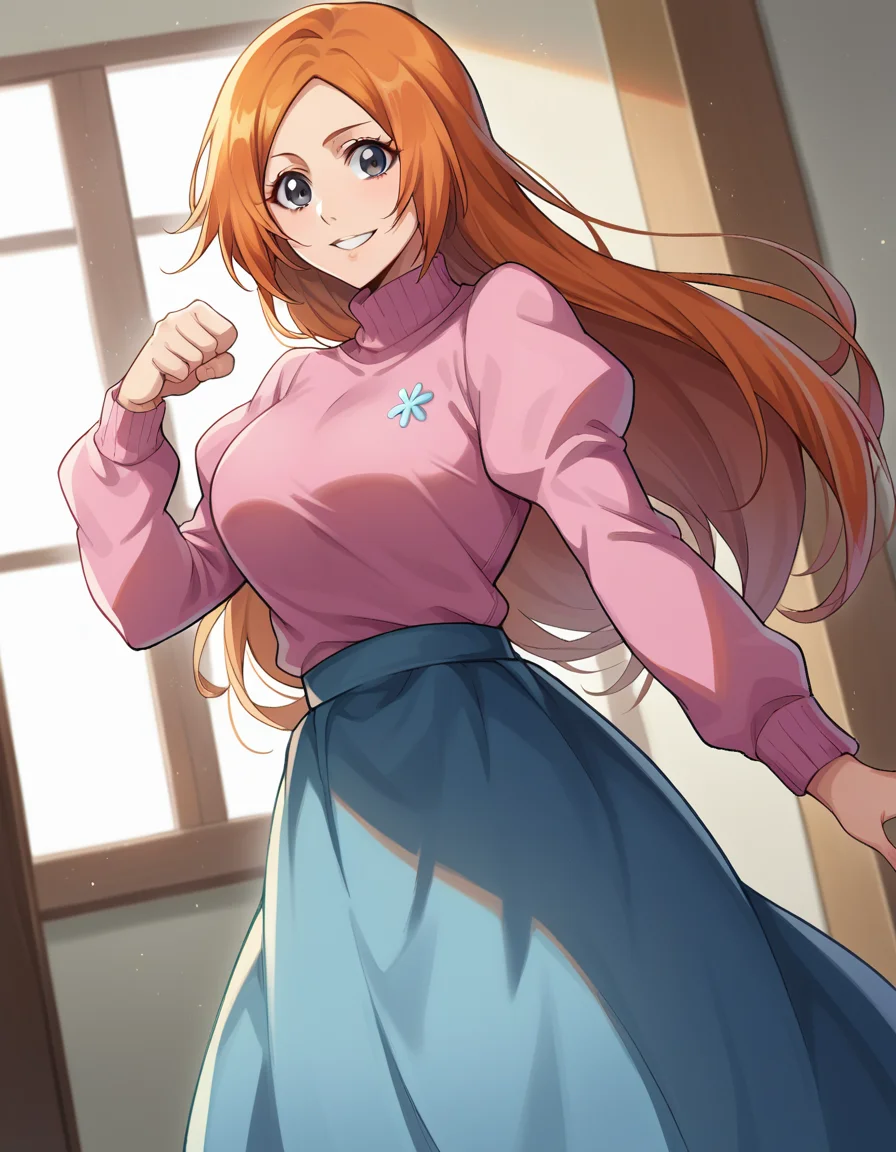 score_9, score_8_up, score_7_up, source_anime, inoueorihime, <lora:inoue-orihime-ponyxl-lora-nochekaiser:1>, inoue orihime, long hair, orange hair, grey eyes, smile, sweater, pink sweater, long sleeves, puffy sleeves, skirt, blue skirt, long skirt, indoors, looking at viewer, cowboy shot, dutch angle, dynamic pose,