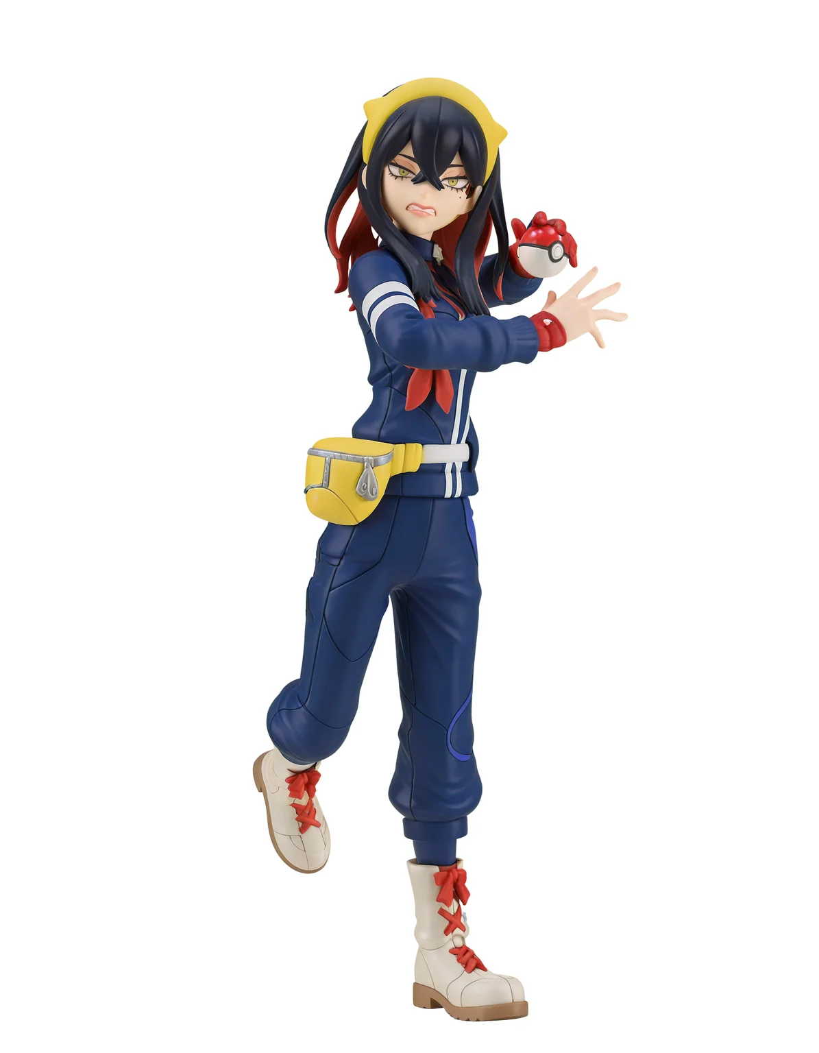 perfect composition, shadows, shading, full body, solo, <lora:Figure:1> figure, 3D, realistic, very aesthetic, absurdres, zPDXL, <lora:Pony_DetailV2.0:0.5> <lora:illustrious_quality_modifiers_masterpieces_v1:1>
<lora:c2rm1n3:1> c2rm1n3, 1girl, mole under eye, yellow hairband, two_tone hair, black hair, red hair, female focus, looking at viewer, serious, clenched teeth, defined lips, action pose, standing on leg, throwing pokeball at viewer,
s_uniform, dark_blue tracksuit, red glove, single glove, fanny_pack, boots
white background, simple background,