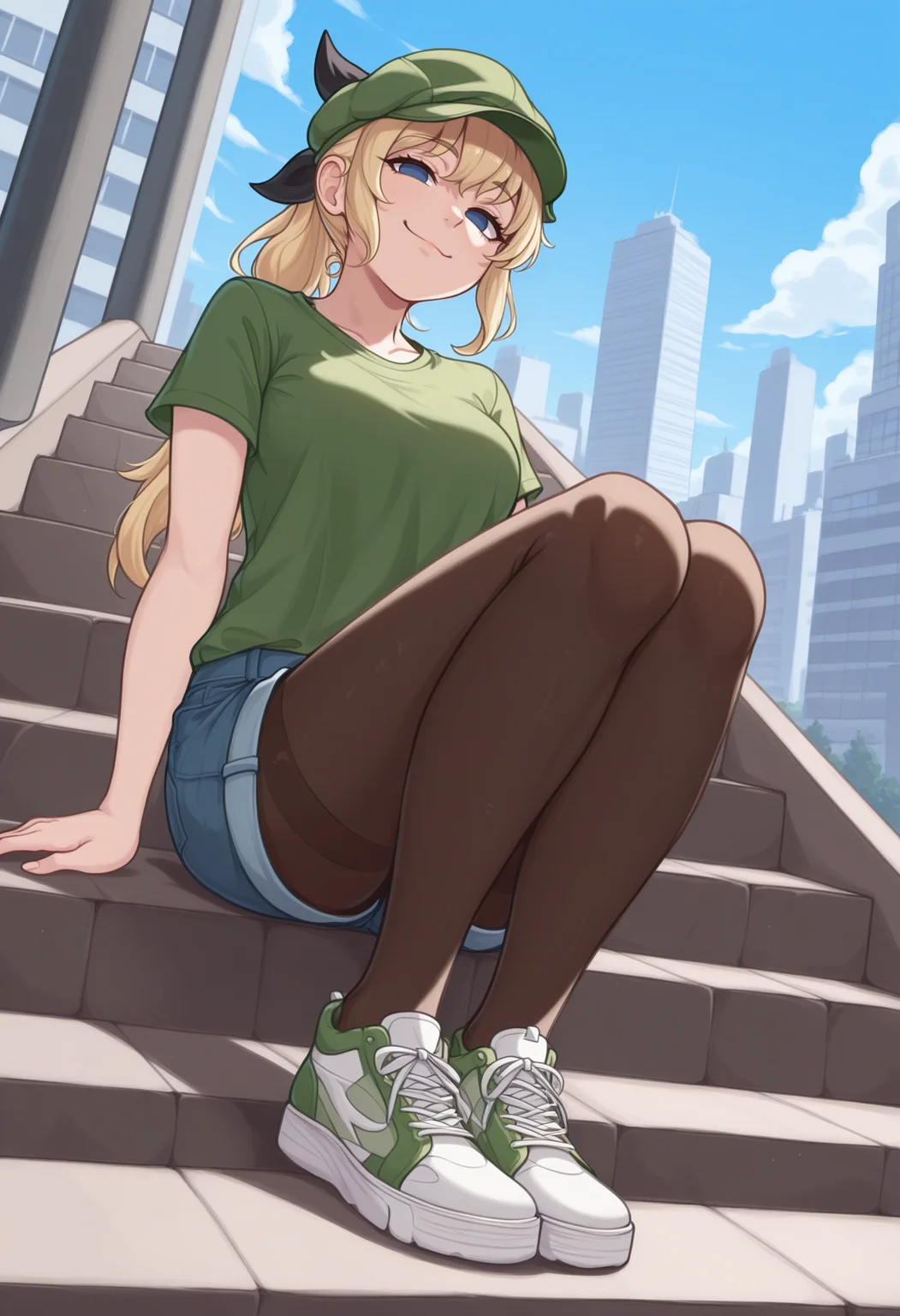 masterpiece, best quality, realistic, 1girl, solo, <lora:NSLillyKatawa:1> NSLillyMisc, blue eyes, blind, no pupils, blonde hair, long hair, ponytail, black ribbon, hair ribbon, green t-shirt, denim shorts, pantyhose under shorts, pantyhose, sitting, stairs, outdoors, city, sneakers, dutch angle, full body, from below, looking at the viewer, smug, green hat, cabbie hat