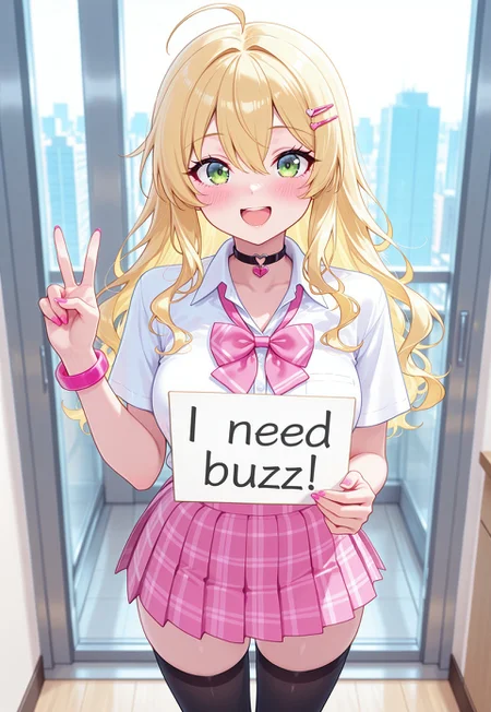 safe_pos, 32k uhd, (masterpiece:1.2), (best quality:1.2), (very aesthetic:1.2), (absurdres:1.2), (detailed background),newest, 1girl, solo, gyaru, standing, medium breasts, standing, from front, v, shirt, skirt, miniskirt, pink skirt, pleated skirt, plaid skirt, bowtie, pink bowtie, ((loose bowtie)), thighhighs, blonde hair, long hair, wavy hair, small ahoge, ahoge, hair between eyes, smile, big eyes, (green eyes), white shirt, hair ornament, hairclip, heart choker, indoors, looking at viewer, collared shirt, pink bracelet, pink nails, short sleeves, (black thighhighs), blush, nail polish, zettai ryouiki, open mouth,need_buzz, holding sign
