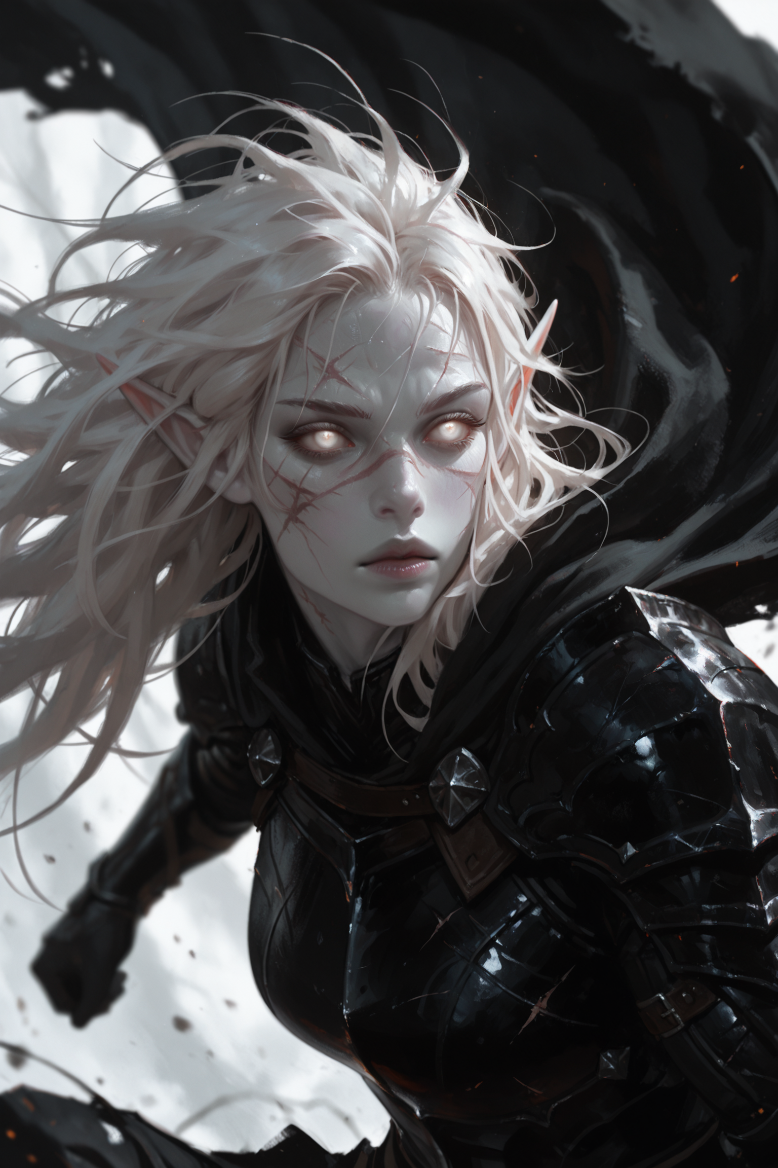 1girl, pale, white skin, colored skin, pale skin, soft lips, glossy lips, elf, pointy ears, detailed eyes, glowing eyes, muscular woman, armor, cape, leather armor, scar, scars on face, white hair, long hair, messy hair, black armor, black leather,,, masterwork, masterpiece, best quality,  detailed, depth of field, , high detail, best quality, very aesthetic, 8k, dynamic pose, depth of field, dynamic angle, adult,  aged up
