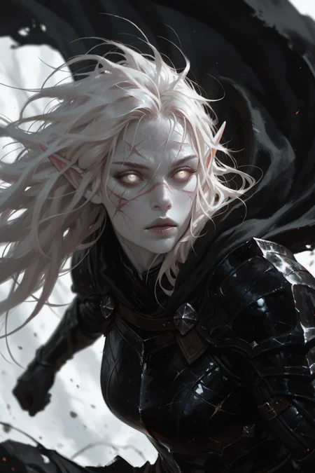 1girl, pale, white skin, colored skin, pale skin, soft lips, glossy lips, elf, pointy ears, detailed eyes, glowing eyes, muscular woman, armor, cape, leather armor, scar, scars on face, white hair, long hair, messy hair, black armor, black leather,,, masterwork, masterpiece, best quality,  detailed, depth of field, , high detail, best quality, very aesthetic, 8k, dynamic pose, depth of field, dynamic angle, adult,  aged up