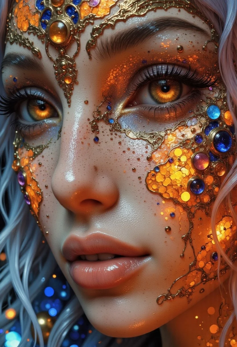 An ultra close-up portrait of a woman’s face, filling the entire frame, leaving no visible background. Her skin is not flesh but an intricate mosaic of delicate, small stained glass panels, each piece a shimmering array of sapphire blues, fiery oranges, and amethyst purples. The glass is smooth, flawless, and seamlessly fitted, reflecting soft, ambient light that dances across the curved contours of her cheeks, nose, and brow. Her eyes are pure liquid gold, shifting and flowing like sunlit honey, glowing faintly from within. The light inside her irises moves hypnotically, creating a mesmerizing sense of depth. Each blink is slow and deliberate, as if time itself lingers in her gaze. Her lips are translucent, infused with deep ruby and amber hues, their surface polished like molten glass. When she parts them slightly, the sound of wind chimes fills the air, delicate and melodic, as though her breath carries a faint celestial resonance. The stained glass panels shift in tone as light passes through, casting fleeting reflections of color onto her own features. Tiny, golden filaments run along the edges of each glass piece, forming an intricate network of organic, vein-like patterns that pulse faintly, as if carrying a hidden energy within. The soft glow from within her face creates a dreamlike, ethereal quality, giving the impression that she is not entirely of this world—part divine artifact, part living being.
