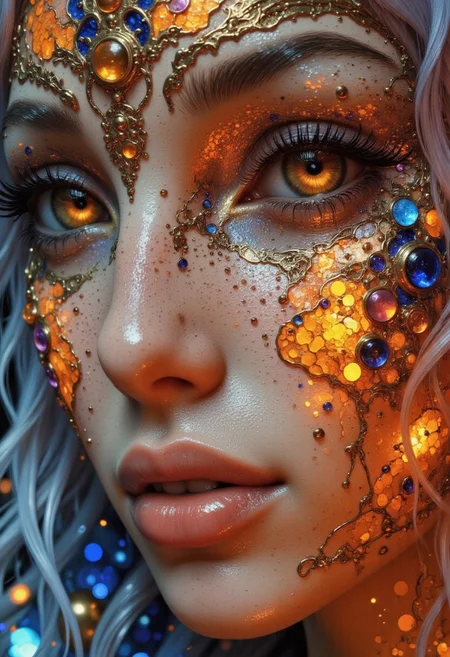 An ultra close-up portrait of a woman’s face, filling the entire frame, leaving no visible background. Her skin is not flesh but an intricate mosaic of delicate, small stained glass panels, each piece a shimmering array of sapphire blues, fiery oranges, and amethyst purples. The glass is smooth, flawless, and seamlessly fitted, reflecting soft, ambient light that dances across the curved contours of her cheeks, nose, and brow. Her eyes are pure liquid gold, shifting and flowing like sunlit honey, glowing faintly from within. The light inside her irises moves hypnotically, creating a mesmerizing sense of depth. Each blink is slow and deliberate, as if time itself lingers in her gaze. Her lips are translucent, infused with deep ruby and amber hues, their surface polished like molten glass. When she parts them slightly, the sound of wind chimes fills the air, delicate and melodic, as though her breath carries a faint celestial resonance. The stained glass panels shift in tone as light passes through, casting fleeting reflections of color onto her own features. Tiny, golden filaments run along the edges of each glass piece, forming an intricate network of organic, vein-like patterns that pulse faintly, as if carrying a hidden energy within. The soft glow from within her face creates a dreamlike, ethereal quality, giving the impression that she is not entirely of this world—part divine artifact, part living being.