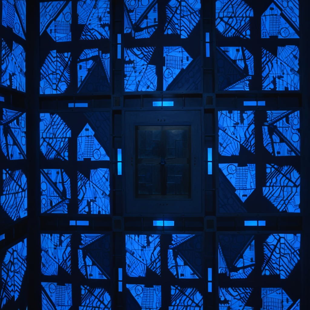cpollcubemovie, cpollcubeblue, full room, wide view, frontal view, symmetrical layout, geometric patterns, glowing walls, futuristic design, sterile environment, closed hatch, "A 5x5x5 meter blue room viewed from a wide perspective. The room is shown from a POV view, looking straight into the space with no people visible. The room has symmetrical walls, and each side is identical, featuring geometric patterns. In the middle of each wall is a closed, square metal hatch. The walls emit a soft blue glow, creating a futuristic design and a sterile environment."