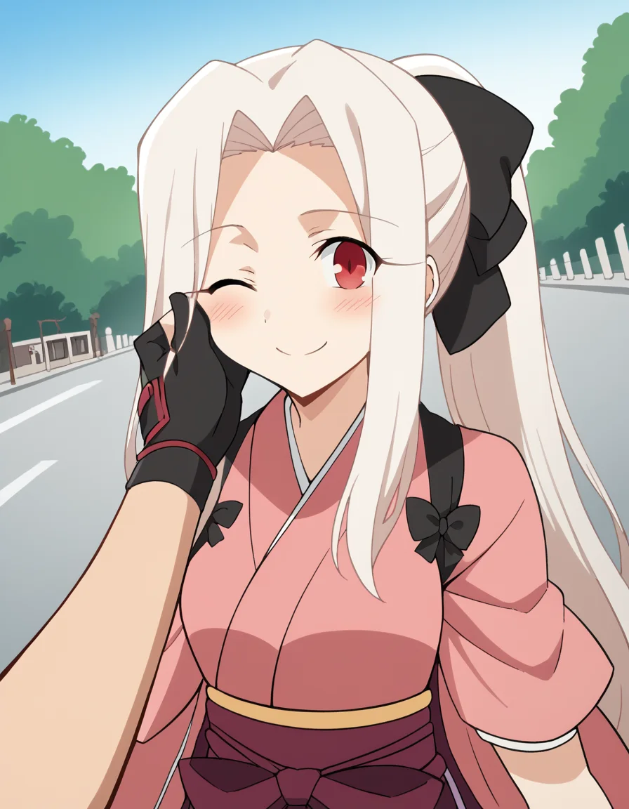 score_9, score_8_up, score_7_up, source_anime, <lora:irisviel-von-einzbern-zero-anime-ponyxl-lora-nochekaiser:1>, irisviel von einzbern, long hair, red eyes, white hair, parted bangs, hair intakes, mature female,, bow, ponytail, hair bow, japanese clothes, kimono, sash, hakama, purple hakama, gloves, pink kimono, hakama skirt, black bow,, street, cars, buildings, city, people, smile, <lora:guided-hand-on-cheek-ponyxl-lora-nochekaiser:1>, guided hand on cheek, hand grab, hand on another's cheek, hand on another's face, looking at viewer, pov, pov hands, smile, blush, one eye closed, caress, caressing cheek, looking at viewer, solo,, dutch angle, cowboy shot