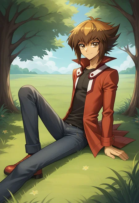 score_9, score_8_up, source_anime, highly detailed, 1boy, solo, slender, skinny,
jaden, 1boy, male focus, solo, brown hair, brown eyes, duel academy uniform (yu-gi-oh! gx), jacket, black shirt, red jacket, shirt, pants, multicolored hair, two-tone hair, open clothes, smile,
outdoor, grass, tree,
