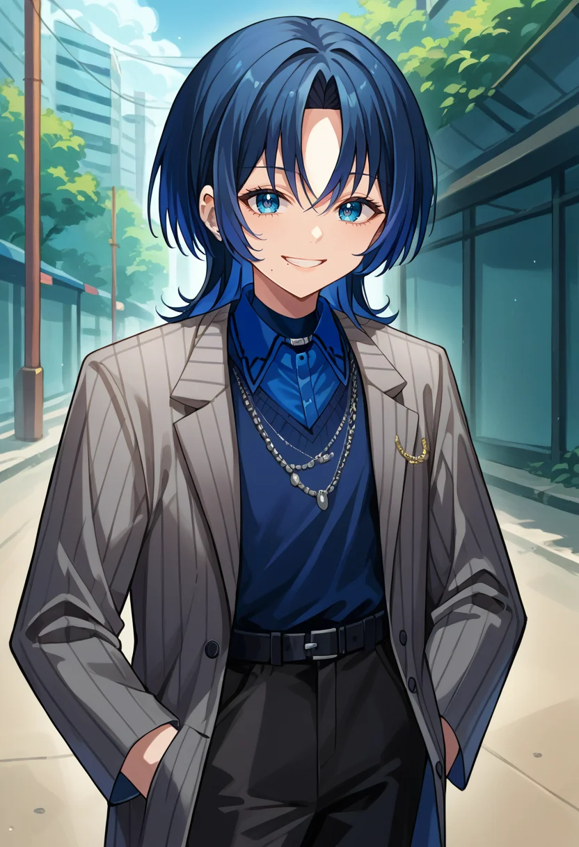score_9, score_8_up, source_anime, 1girl, solo, HiodoshiBase, medium hair, parted bangs, mole under mouth, earrings, necklace, vertical-striped jacket, grey jacket, blue shirt, collared shirt, belt, black pants, outdoors, hands in pockets, smile, <lora:ChamHiodoshiAoPonyXL:1>