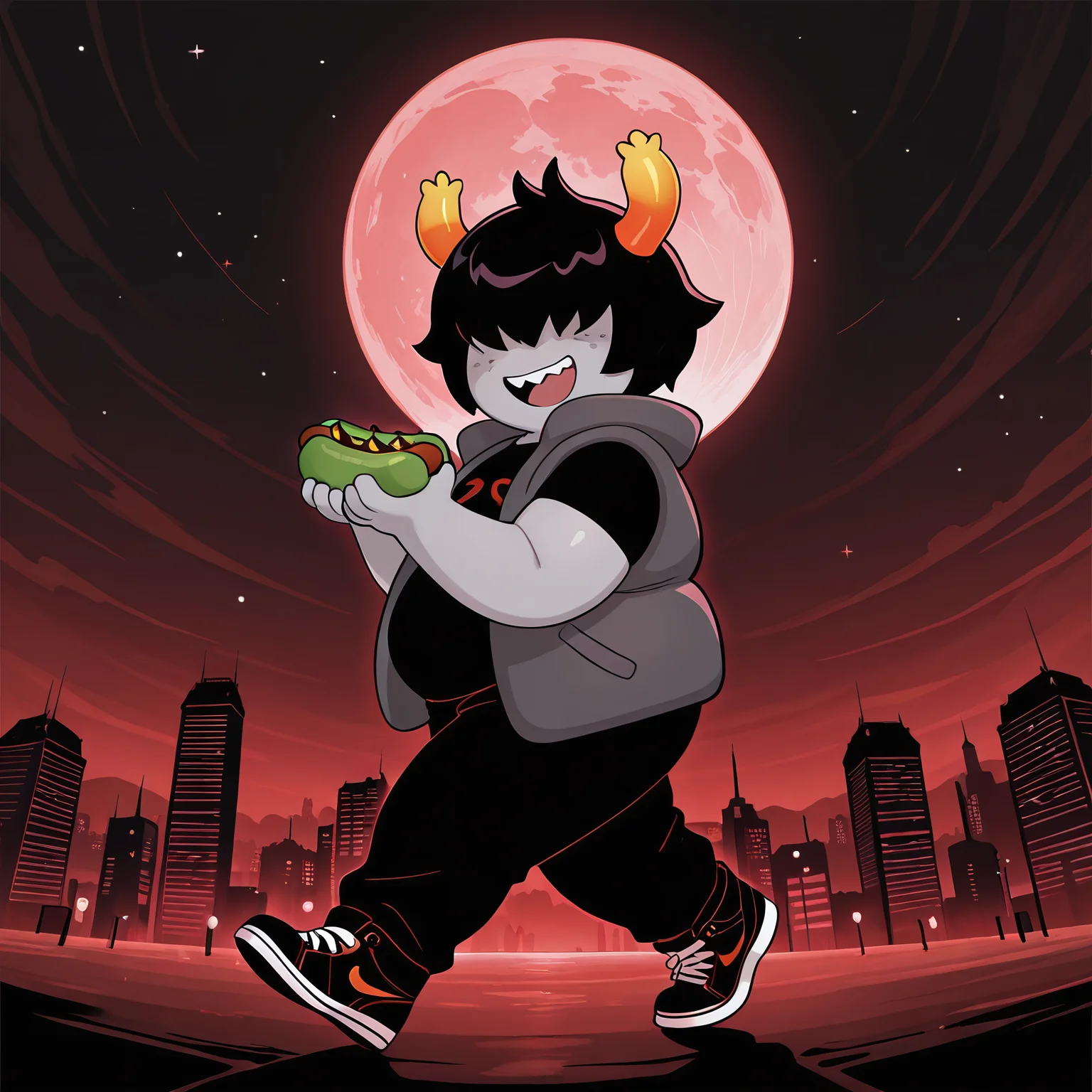 masterpiece, official art, best quality, detailed, solo, diemen, 1boy, male, troll, grey skin, freckles, black hair+, hair covering eyes, obscured eyes, orange horns, plump, obese, fat, noseless, no nose, short, young, grey vest, black shirt, red symbol on shirt, black pants, black shoes, walking, slightly from side, looking at viewer, smile, open mouth, teeth, outdoors, alien planet, city, night time, alleyway, purple theme background, purple sky, pink moon, green moon, holding hot dog, hot dog