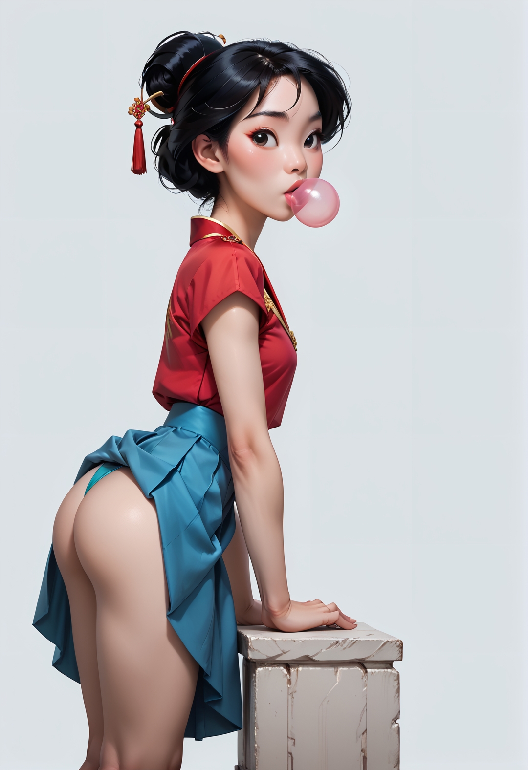 445l34z3, <lora:princess_rc_pony_v2:.7> Princess Mulan (petite:0.9) 23 year-old, simple background,(breasts:1.2)<lora:IndesleazeAAmerger:0.85> bubblegum, skirt, thong, bent over, ((score_9), score_8_up, score_7_up),score_6_up,score_4_up,score_5_up