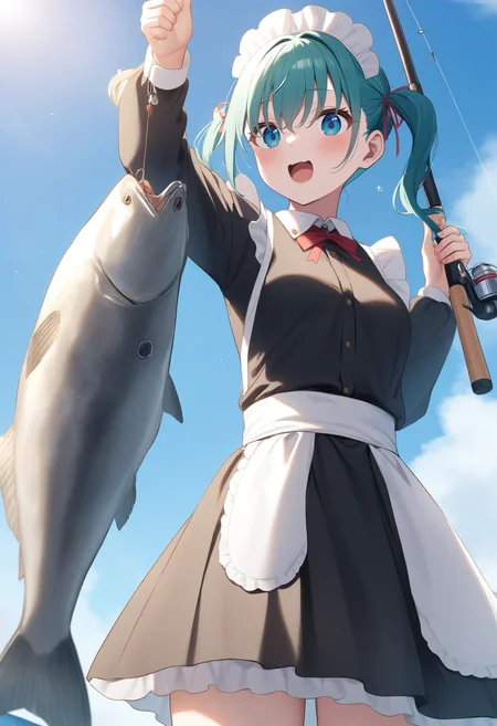 1girl,sincos, ningen mame, toosaka asagi,solo,medium breasts,20yo,maid,maid headdress,
fishing, fishing rod, fish, boat, holding fishing rod, holding fish, ocean, day, arm up, water drop, fishing line, <lora:fishing_XL_v1:0.8>
from below, cowboy shot, looking back, aqua hair, aqua eyes,confused, open mouth, twin drills hair,,
best quality, very aesthetic, absurdres