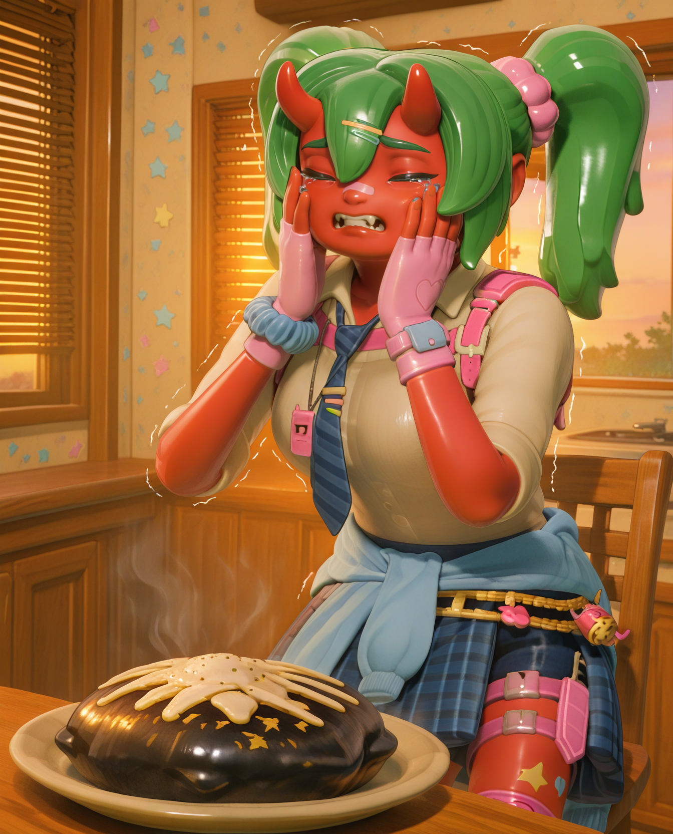 highly detailed, (upper body:1.3),  (detailed background, kitchen, sunset, golden hour, shutters, blinds down, blinds, wooden table, wooden chair, orange interior, indoors:1.2),  (delicious food, crying, tears, sad, closed eyes, tears flowing down the face, trembling, hands on own face, bomb on plate:1.2), (fortnite_nemia_lego:1.5),  1girl, solo, green hair, twintails, ponytail, long hair, bangs, hair between eyes, hair over one eye, ears, horns, oni horns, single horn, red skin, pink skin, blue eyes, parted lips, bandaid, bandaid on nose, bandaid on thighs, breasts, shirt, school uniform, necktie, plaid skirt, thighhighs, socks, loose socks, boots, jewelry, earrings, bracelet, charm, belt, gloves, fingerless gloves, knee pads, leg warmers, collarbone, solo, colored skin, hair ornament, hairclip, scrunchie, holster, striped necktie, clothes around waist, oni, plaid, charm (object), blue necktie, sweater around waist, animal print, heart, shoes, star (symbol), thigh holster, fangs, teeth, , <lora:delicious_food_surprised_hands_on_own_face:0.9> <lora:Fortnite_Nemia_Demonically_Cute_Set_ILXL_E41_16_DIM:1>