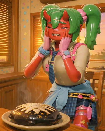 highly detailed, (upper body:1.3), (detailed background, kitchen, sunset, golden hour, shutters, blinds down, blinds, wooden table, wooden chair, orange interior, indoors:1.2), (delicious food, crying, tears, sad, closed eyes, tears flowing down the face, trembling, hands on own face, bomb on plate:1.2), (fortnite_nemia_lego:1.5), 1girl, solo, green hair, twintails, ponytail, long hair, bangs, hair between eyes, hair over one eye, ears, horns, oni horns, single horn, red skin, pink skin, blue eyes, parted lips, bandaid, bandaid on nose, bandaid on thighs, breasts, shirt, school uniform, necktie, plaid skirt, thighhighs, socks, loose socks, boots, jewelry, earrings, bracelet, charm, belt, gloves, fingerless gloves, knee pads, leg warmers, collarbone, solo, colored skin, hair ornament, hairclip, scrunchie, holster, striped necktie, clothes around waist, oni, plaid, charm (object), blue necktie, sweater around waist, animal print, heart, shoes, star (symbol), thigh holster, fangs, teeth, , <lora:delicious_food_surprised_hands_on_own_face:0.9> <lora:Fortnite_Nemia_Demonically_Cute_Set_ILXL_E41_16_DIM:1>