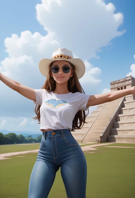 score_9, score_8_up, score_8, medium breasts, (curvy), cute, eyelashes,
BREAK,
zzChichenItza,
1girl, long hair, hat, day, cloud, sunglasses, v, building, spread arms, denim jeans
zPDXL,