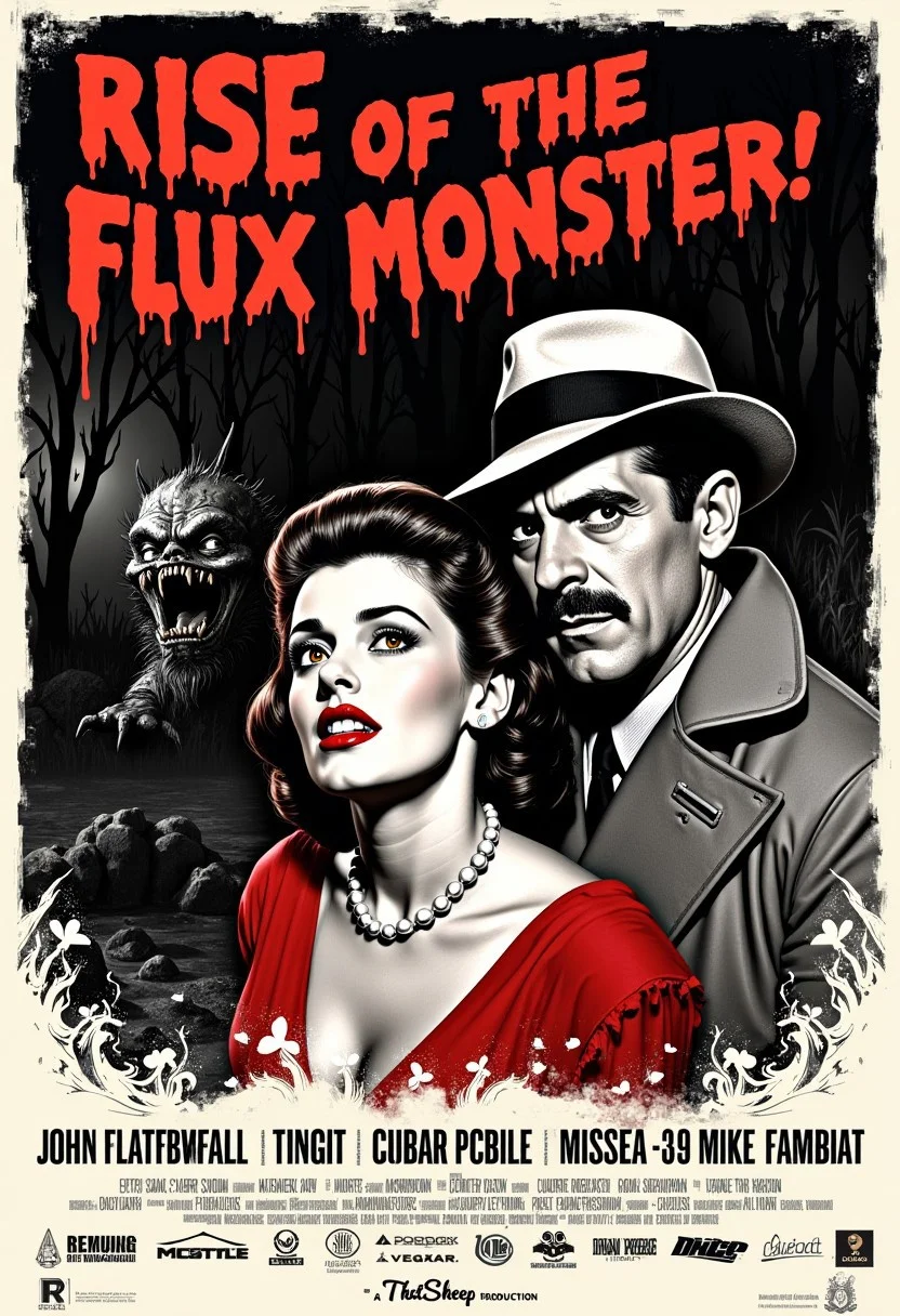 In a vintage black and white movie poster stlye imitating a 1950s horror film. The poster centers a man in a fedora and trench coat looking stern. Resting on his shoulder is a woman in a scarlet red dress looking scared with her hair done in a fancy hairstyle. She is adorned with a pearl necklace. A swamp monster lurks behind them them The poster in dripping read font reads "Rise of the Flux Monster!" In the bottom of the poster, various credits and logos are depicted. An R rating is displaced. The bottom of the poster reads "A ThatSheep Production"