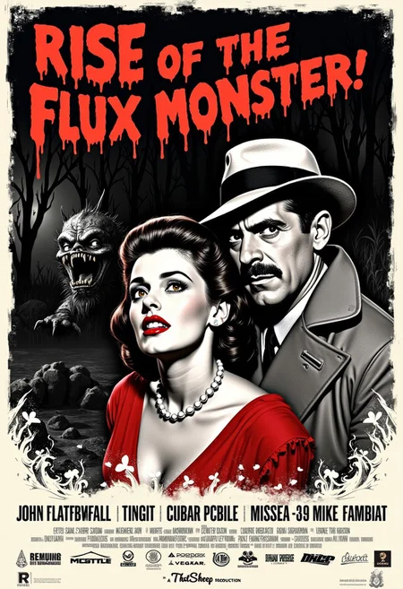 In a vintage black and white movie poster stlye imitating a 1950s horror film. The poster centers a man in a fedora and trench coat looking stern. Resting on his shoulder is a woman in a scarlet red dress looking scared with her hair done in a fancy hairstyle. She is adorned with a pearl necklace. A swamp monster lurks behind them them The poster in dripping read font reads "Rise of the Flux Monster!" In the bottom of the poster, various credits and logos are depicted. An R rating is displaced. The bottom of the poster reads "A ThatSheep Production"