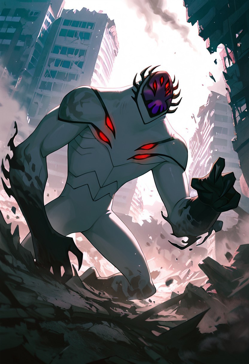 masterpiece, best quality, amazing quality, very aesthetic, absurdres, newest,, detailed background, 
highbreed, extra eyes, solo, alien, white skin, purple face, , monster, red eyes, black hands, , claws, black head spikes, white body,
punching building, destroyed building, falling building, destroyed city, smoke,