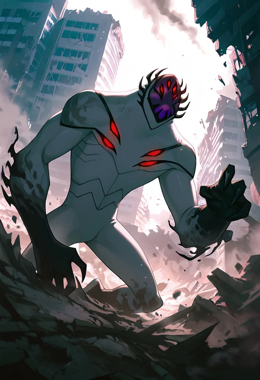 masterpiece, best quality, amazing quality, very aesthetic, absurdres, newest,, detailed background,
highbreed, extra eyes, solo, alien, white skin, purple face, , monster, red eyes, black hands, , claws, black head spikes, white body,
punching building, destroyed building, falling building, destroyed city, smoke,