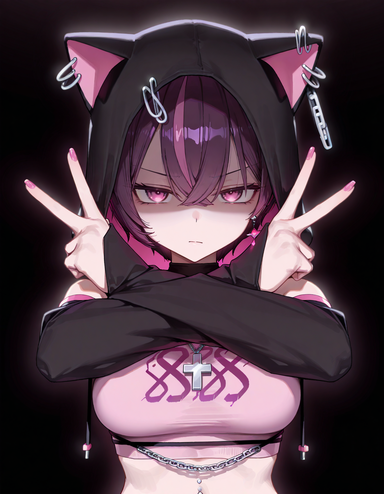 masterpiece, best quality, amazing quality, very aesthetic, absurdres, newest, 1girl, wagashi \(dagashiya\), sos adult, sooon, [[ningen mame, mameojitan, sumiyao (amam)]], caststation illu, CatRuru, JRR, pink eyes, dark purple hair, purple streaked hair, pink earrings, single earring, jewelry, paperclip, chain, cross necklace, short hair, flipped hair, hair between eyes, cat hood, navel piercing, multicolored clothes, pink crop top, black hood, detached sleeves, black sleeves, upper body, dark, underlighting, simple background, black background, ((x arms, crossed arms)), claw pose, hands up, pink nails, staring, looking at viewer, closed mouth, shaded face, facing down, v-shaped eyebrows, expressionless, medium breasts,