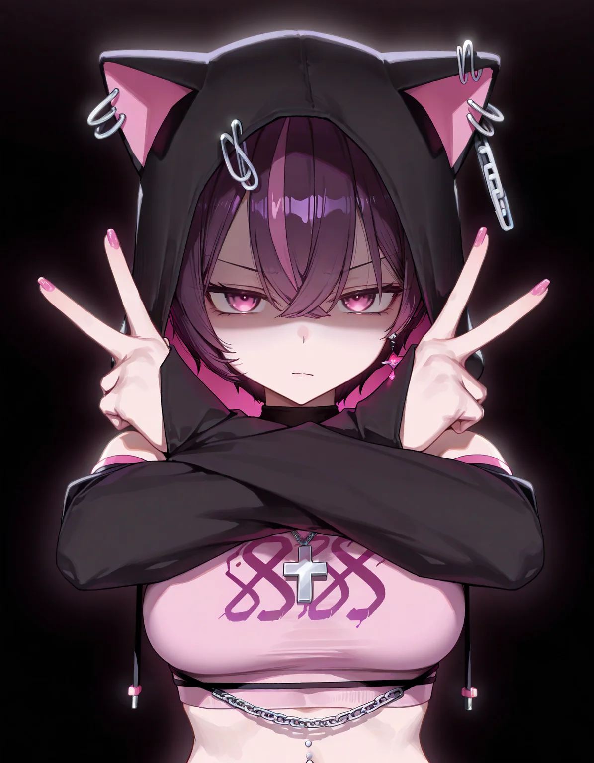 masterpiece, best quality, amazing quality, very aesthetic, absurdres, newest, 1girl, wagashi \(dagashiya\), sos adult, sooon, [[ningen mame, mameojitan, sumiyao (amam)]], caststation illu, CatRuru, JRR, pink eyes, dark purple hair, purple streaked hair, pink earrings, single earring, jewelry, paperclip, chain, cross necklace, short hair, flipped hair, hair between eyes, cat hood, navel piercing, multicolored clothes, pink crop top, black hood, detached sleeves, black sleeves, upper body, dark, underlighting, simple background, black background, ((x arms, crossed arms)), claw pose, hands up, pink nails, staring, looking at viewer, closed mouth, shaded face, facing down, v-shaped eyebrows, expressionless, medium breasts,