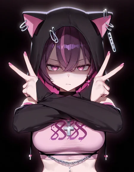 masterpiece, best quality, amazing quality, very aesthetic, absurdres, newest, 1girl, wagashi \(dagashiya\), sos adult, sooon, [[ningen mame, mameojitan, sumiyao (amam)]], caststation illu, CatRuru, JRR, pink eyes, dark purple hair, purple streaked hair, pink earrings, single earring, jewelry, paperclip, chain, cross necklace, short hair, flipped hair, hair between eyes, cat hood, navel piercing, multicolored clothes, pink crop top, black hood, detached sleeves, black sleeves, upper body, dark, underlighting, simple background, black background, ((x arms, crossed arms)), claw pose, hands up, pink nails, staring, looking at viewer, closed mouth, shaded face, facing down, v-shaped eyebrows, expressionless, medium breasts,