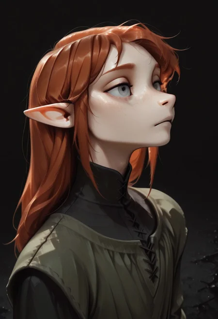 1person, (Lapanya), Malgha, freckles, pointy ears, Long-sleeve black shirt, green tunic,
Close up, high angle, looking ahead,
Black background, void background, empty space background,
Source: semi-realistic