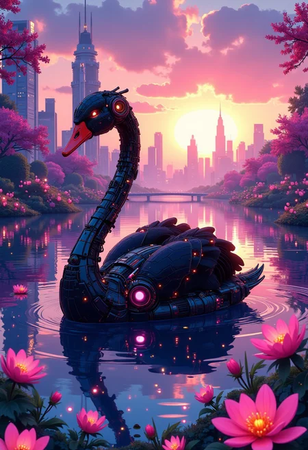 In a serene, glassy pond surrounded by holographic blossoms, a black cyborg swan with luminescent metal plumage rests, its sleek body blending mechanical precision and natural grace. The sunset above casts long beams of radiant orange and soft purples across the scene, highlighting the intricate details of the swan’s cybernetic enhancements. In the distance, a futuristic city stretches towards the horizon, its high-rises reflecting the sky’s fading colors. As the swan moves, the gentle ripples in the pond create a mesmerizing dance of light, evoking a sense of peace and wonder in this sci-fi paradise. A digital artwork in the style of cknc, studio anime, detailed inksketch