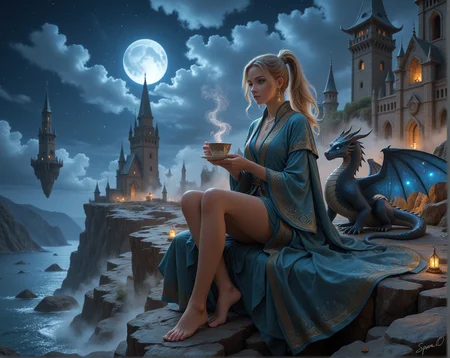 A stunning digital painting of a beautiful blonde woman with fair skin and long hair, sitting on a rocky cliff overlooking a full moon. She is wearing a blue, ornate robe with gold patterns, and holds a small, glowing cup of tea in her hands. A black, dragon-like creature sits beside her, its wings spread wide. The background features a majestic castle with tall spires and a grand entrance, set against a night sky filled with stars. The scene is serene and magical, with a sense of wonder and enchantment. The artist's signature is in the bottom right corner..
,
masterpiece, best quality, amazing quality, very aesthetic, perfect, eyes, grown, 24yo, photorealistic, (USNR),
,1girl, solo, long_hair, breasts, blue_eyes, blonde_hair, holding, jewelry, sitting, ponytail, outdoors, earrings, sky, barefoot, cloud, wide_sleeves, water, feet, cup, toes, night, moon, cloudy_sky, holding_cup, star_\(sky\), steam, night_sky, scenery, full_moon, starry_sky, teacup, robe, rock, dragon, fantasy, tea, castle, tower, cliff, holding_saucer, blue_robe, floating_island