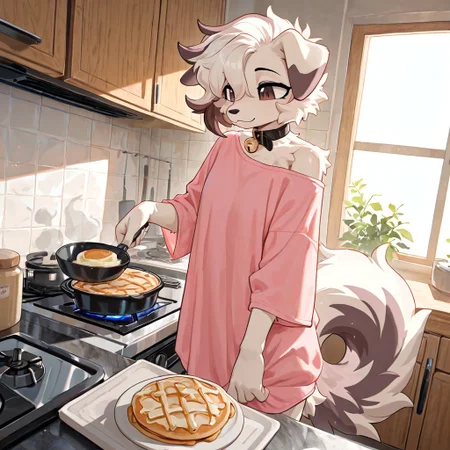 masterpiece, best quality, newest, absurdres, highres, furry, perfect anatomy, detailed background, detailed character, detailed face, 1nf1,1girl,solo,furry,furry female,dog girl,dog ears,short hair,white hair,brown eyes,snout,animal nose,collar,neck bell,body fur,two-tone fur,dog tail, indoors, kitchen, cooking, hand on pan, flipping pancakes, stove, pancakes, pink shirt, oversized shirt, shirt to legs, sleepy, messy hair, messy fur, smile, happy, standing, baggy eyes, half-closed eyes, ambiant lighting, sunlight through window,