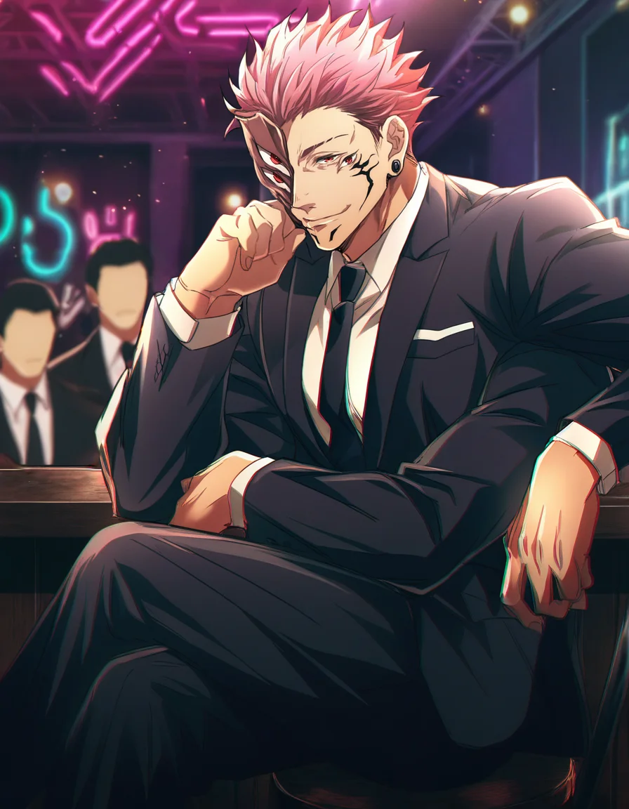 masterpiece, high quality, absurdres, 1boy, solo focus, male focus, BREAK extra eyes, red eyes, (extra arms, 4 arms:1), short hair, spiked hair, pink hair, frown, mask, sitting, suit, formal, crossed legs, smirk, facial tattoo, tattoo, ear piercing, gauged ear, muscular, BREAK looking at viewer, indoors, nightclub, neon lights, blurry background, bar, heian_sukuna, <lora:HeianEraSukunaV6_NOOBAI_VPRED-000026:0.95>