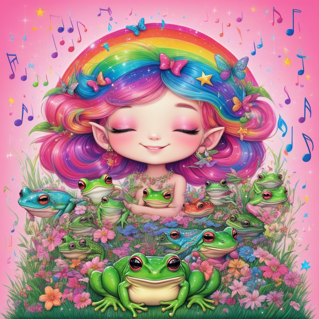 stairs, earrings, solo, long hair, cherry, grass, day, gradient, star (symbol), rainbow hair, closed mouth, vibrant rainbow, tree, frog, planet, colorful, sparkles, musical note, house, pink background, pointy ears, closed eyes, scales, piercing, hair bow, building, double bun, 1girl, heart, flower, cute creatures, simple background