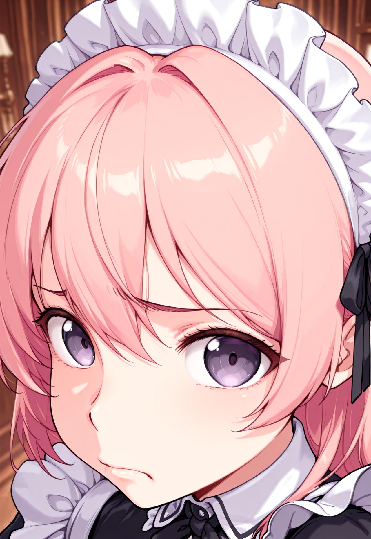 absurdres, masterpiece, 1girl, anime girl, solo, BREAK, CivChan, purple eyes, pink hair, BREAK, maid headband, BREAK, no bitches, close-up, portrait, solo, blurry background, looking at viewer, closed mouth, frown,