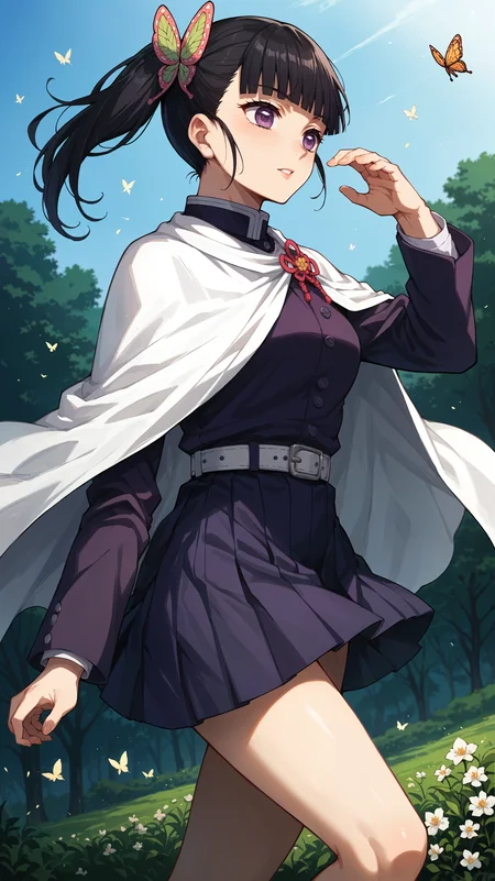 score_9,score_8_up,score_7_up,score_6_up, source_anime, zPDXL3, <lora:xl_more_art-full_v1:0.5>, girl, dynamic pose, twisted torso, <lora:Kanao Tsuyuri - Pony-000004:0.8>, black hair, side ponytail, blunt bangs, butterfly hair ornament, hair ornament, purple eyes, purple jacket, long sleeves, purple skirt, white belt, white cape, meadow, wild flower,
