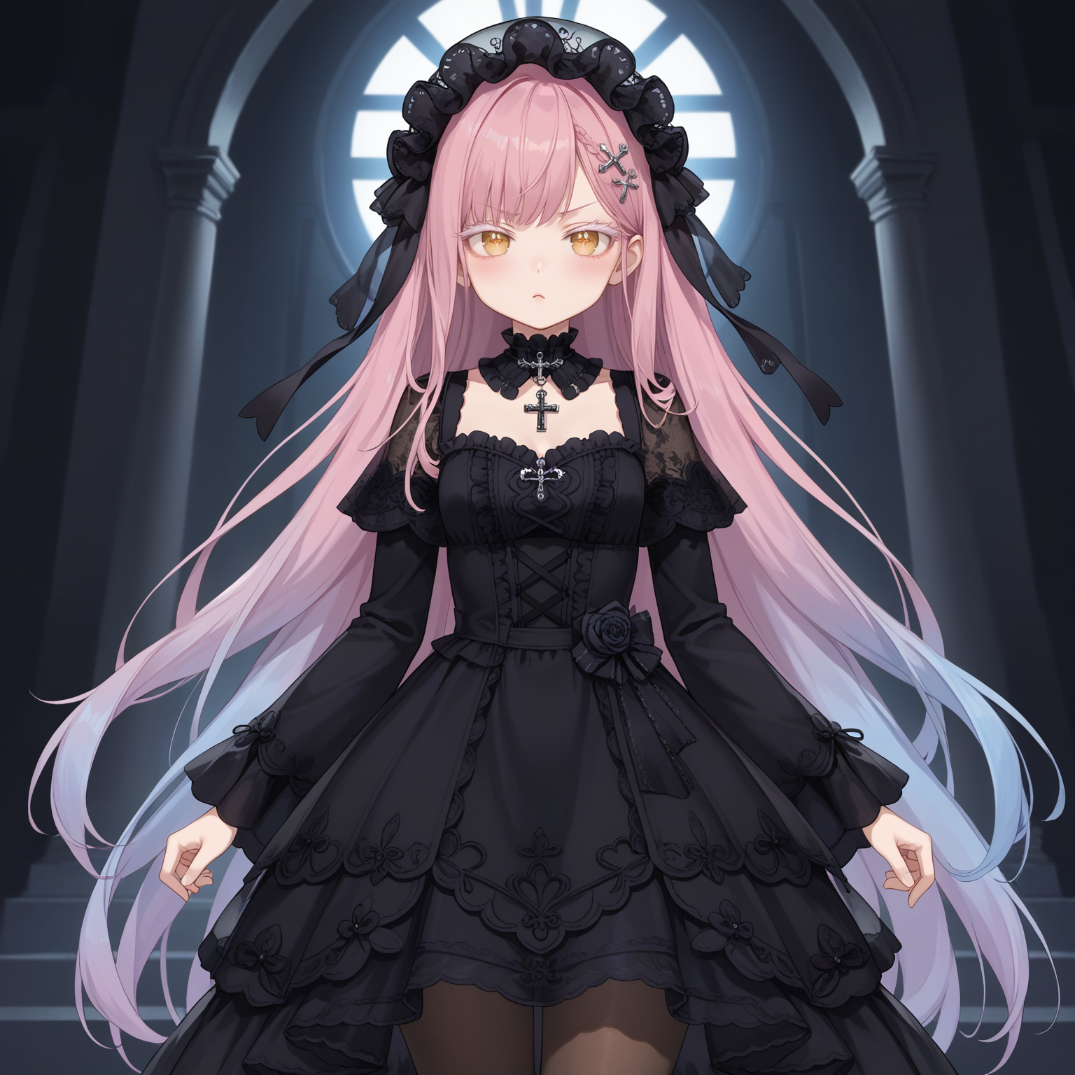 1girl,solo,
(score_9,score_8_up,score_7_up, source_anime,rating_all),
BREAK
portrait,pout,close-up,pov,
blush,
<lora:hyxkaoru-final-psplive-pony6-flyingdeer-e26p-r2:0.65>,
very long hair,bangs,
(pink hair, (blue hair:0.55), gradient hair, multicolored hair),
hair ornament,
yellow eyes,cross-shaped pupils,
((white eyelashes:1.05), (white eyelash:1.05)),
(necklace, jewelry, (purple gem:0.15)),
((gothic fashion:0.1), (gothic gothic:0.1)),
HYXKaoruBlack,
(black headwear, see-through headwear),
(see-through dress, frills, lace trim),
(detached collar, black choker, lace choker),
(long dress, black dress, long sleeves, wide sleeves),
black ribbon,
(pantyhose, black pantyhose, (black stockings:0.55)),
BREAK
(gothic:0.55),
