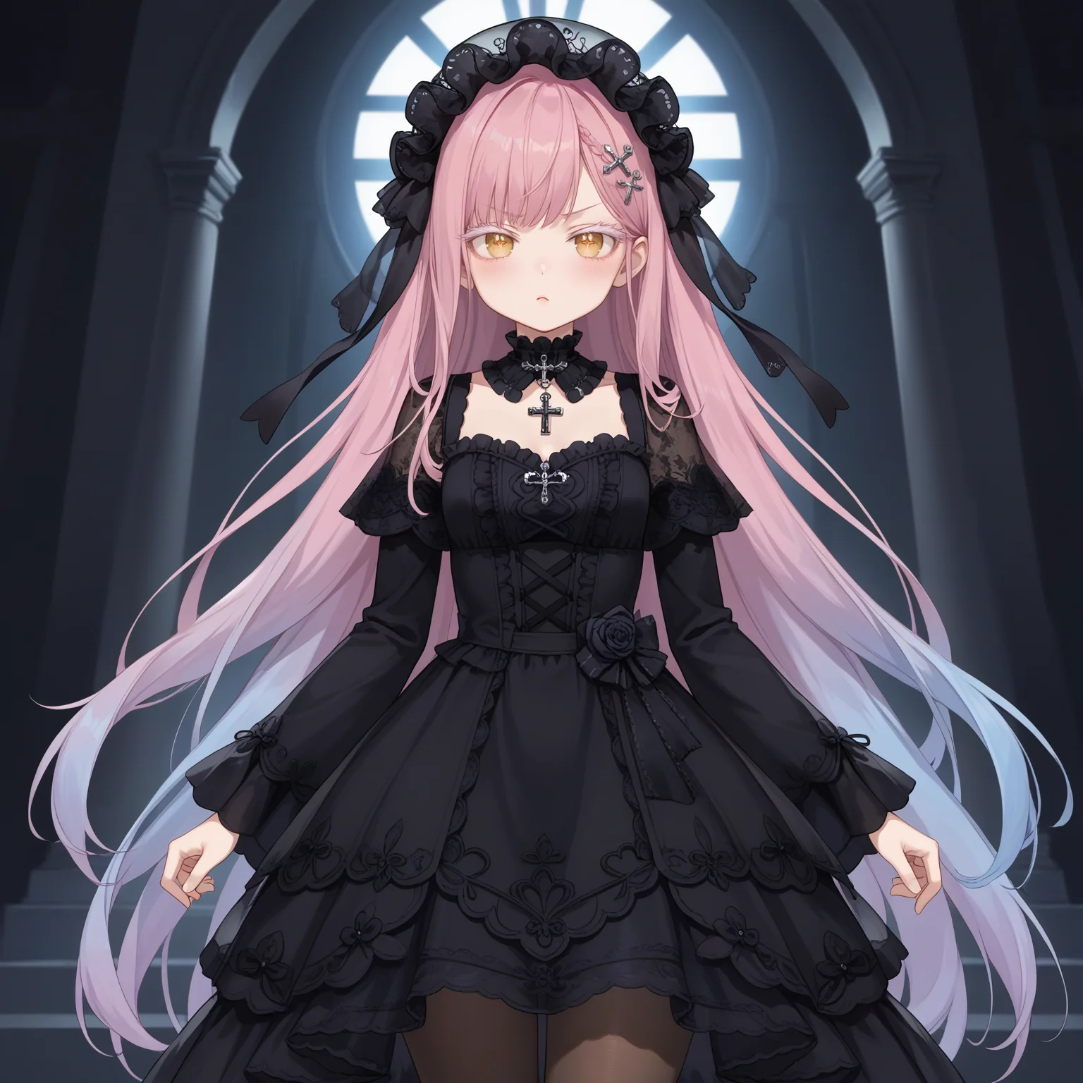 1girl,solo,
(score_9,score_8_up,score_7_up, source_anime,rating_all),
BREAK
portrait,pout,close-up,pov,
blush,
<lora:hyxkaoru-final-psplive-pony6-flyingdeer-e26p-r2:0.65>,
very long hair,bangs,
(pink hair, (blue hair:0.55), gradient hair, multicolored hair),
hair ornament,
yellow eyes,cross-shaped pupils,
((white eyelashes:1.05), (white eyelash:1.05)),
(necklace, jewelry, (purple gem:0.15)),
((gothic fashion:0.1), (gothic gothic:0.1)),
HYXKaoruBlack,
(black headwear, see-through headwear),
(see-through dress, frills, lace trim),
(detached collar, black choker, lace choker),
(long dress, black dress, long sleeves, wide sleeves),
black ribbon,
(pantyhose, black pantyhose, (black stockings:0.55)),
BREAK
(gothic:0.55),
