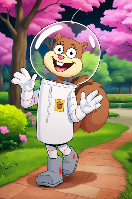 masterpiece, best quality, amazing quality, absurdres, sandycheeks, 1girl, furry female, brown fur, squirrel girl, squirrel tail, solo, smile, looking at viewer, open mouth, waving, space helmet, pink flower, white spacesuit, grey boots, outdoors, park, trees