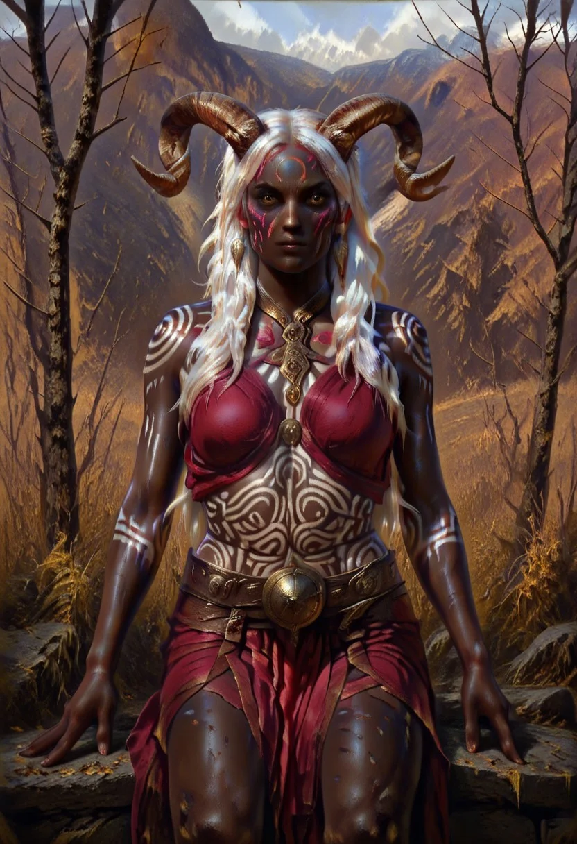 masterpiece, best quality, newest, absurdres, highres, DFOP-V3.0, oil painting, 1girl, dark skin, dark-skinned female, white hair, long hair, very long hair, body paint, face paint, goat horns,