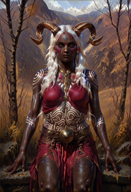 masterpiece, best quality, newest, absurdres, highres, DFOP-V3.0, oil painting, 1girl, dark skin, dark-skinned female, white hair, long hair, very long hair, body paint, face paint, goat horns,