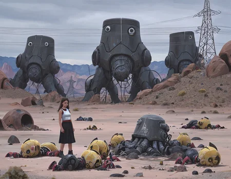 <lora:ssta:0.6>ssta, girl in desert surrounded by dead mech robots with toy faces, power lines and large structures behind hills in background